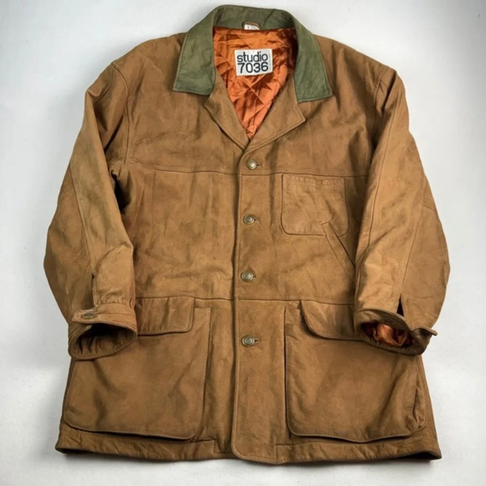 Studio 7036 Philippe Monet Mens Brown Leather‎ Barn Jacket Green Collar Size M